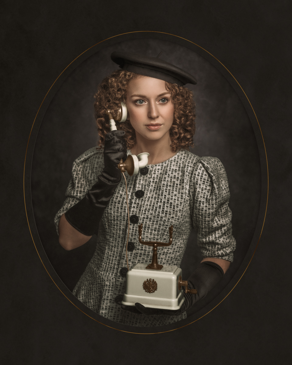 vintage portrait of a curly haired woman making a phone call